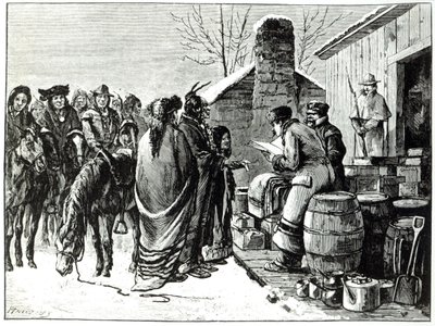 Reservationsindianer som får ransoner från regeringsagenter (gravyr) av Paul Frenzeny
