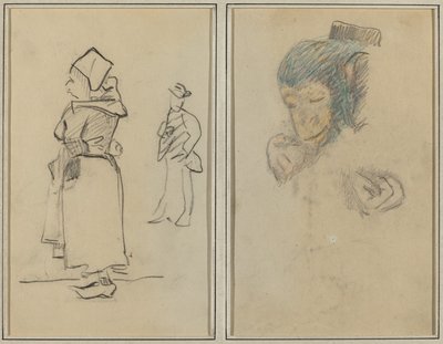 En bretonsk kvinna och en stående man; Huvud och hand på en apa [recto] av Paul Gauguin