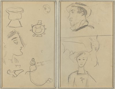 En karikatyr och fem former; En man i profil, en bevingad varelse och en pojke [verso] av Paul Gauguin