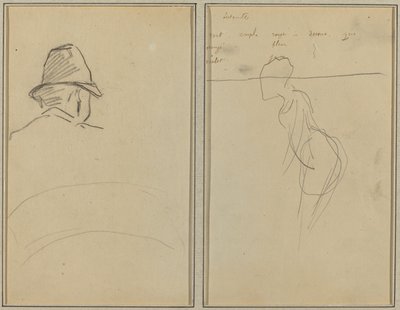 Ett huvud av människan med hatt, sedd bakifrån; En stående kvinna [recto] av Paul Gauguin