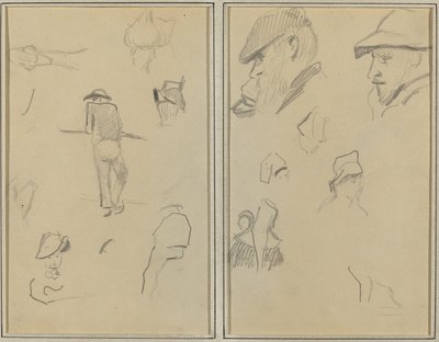 En man lutad mot en vägg med fem andra studier; Två skäggiga män som bär hattar och fem andra studier [recto] av Paul Gauguin