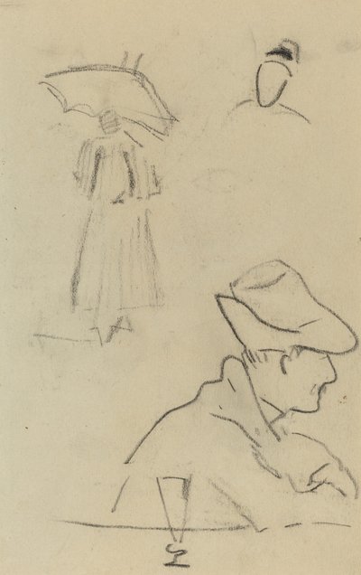 En person som håller ett paraply och en sittande man med en hatt och ett glas [verso] av Paul Gauguin