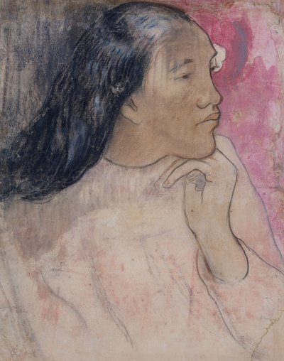 En tahitisk kvinna med en blomma i håret, 1891-92 (kol, pastell och tvätt) av Paul Gauguin