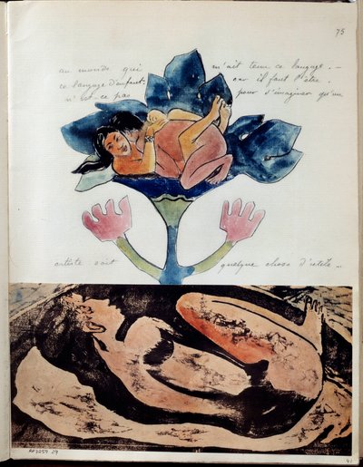 Album Noa (eller Noa Noa) av målaren Paul Gauguin (1848-1903): folio 75. Överst teckning, akvarell, penna och tusch föreställande ett par under samlaget och längst ner gravyr med akvarellhöjdpunkterna av en sovande kvinna . Omkring 1893 av Paul Gauguin
