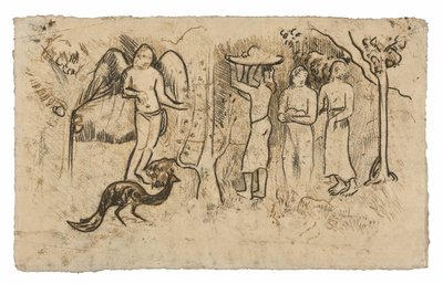 Ängel, påfågel och tre tahitier av Paul Gauguin
