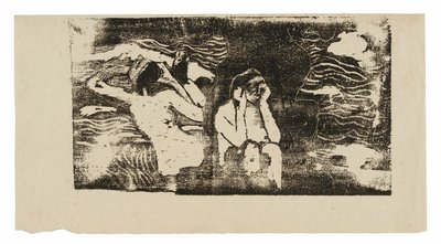 Vid de svarta klipporna, från sviten med sena träblocksgrafik av Paul Gauguin