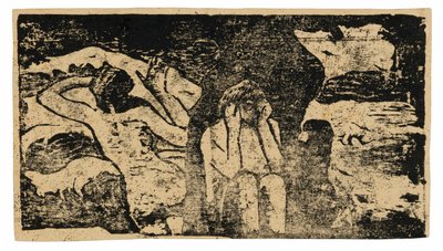 Vid de svarta klipporna, från sviten med sena träblocksgrafik av Paul Gauguin