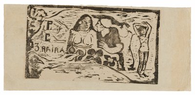 Byst av en naken kvinna och trekvartsfigur av en man med en vit mössa i profil, tredje liten figur längst till höger, huvudstycke för Le sourire av Paul Gauguin