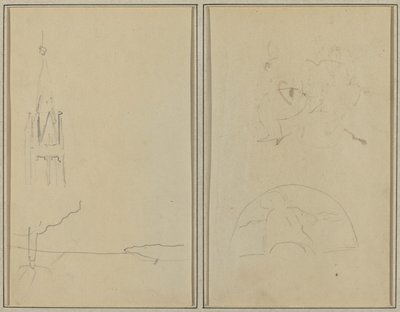 Kyrkans torn; En skiss av en fläkt [recto] av Paul Gauguin
