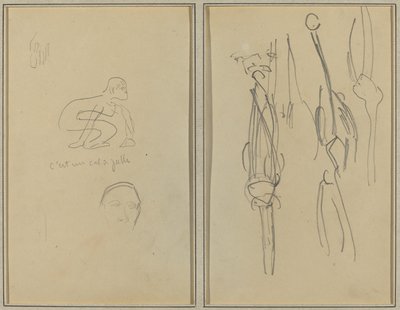 Hukande apa och manshuvud; Ben och muskler [verso] av Paul Gauguin