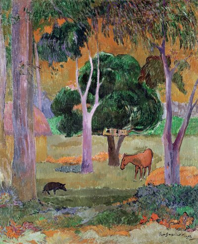 Dominican Landscape eller, Landscape with a Pig and Horse, 1903 av Paul Gauguin