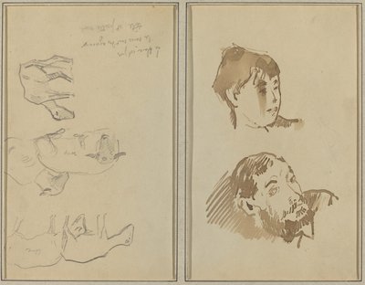 Fem får; Huvudet på en kvinna och huvudet på en skäggig man [recto] av Paul Gauguin