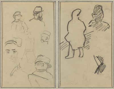 Fem studier av soldater och en kvinnas ansikte; Två figurer [recto] av Paul Gauguin