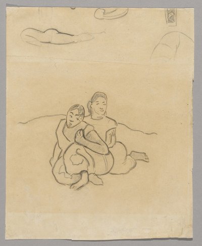Fragment av kroppar, en dekorativ design och två hukande tahitiska kvinnor i ett landskap relaterat till Nafea Faaipoipo av Paul Gauguin