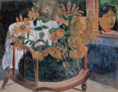 Franska: Nature morte avec des tournesols sur un fauteuil (II) Solrosor av Paul Gauguin