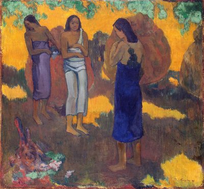 Franska:  Trois Tahitiennes sur fond jaune Tre tahitiska kvinnor mot en gul bakgrund av Paul Gauguin