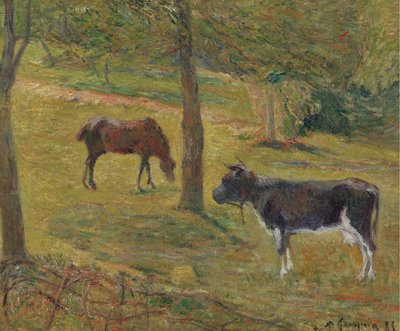 Franska: Vache et cheval dans un pré Ko och häst på en äng av Paul Gauguin