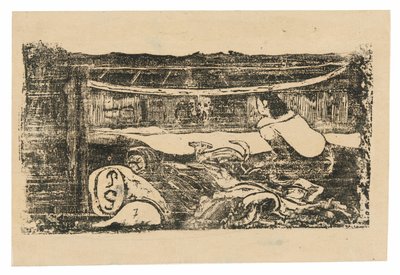 Interiör av en Tahitian Hut, från Suite of Late Wood-block Prints av Paul Gauguin