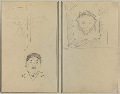 Landskap och Människans huvud; Head of Monkey Inside a Square [recto] av Paul Gauguin