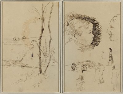 Landskap med en stuga; Profil av pojke, profil av man, två kvinnor i ett landskap och fem andra studier [verso] av Paul Gauguin