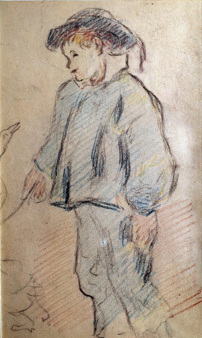 Liten bretonsk pojke en gås Skiss av Paul Gauguin (1848-1902) 1800-talets privatsamling av Paul Gauguin
