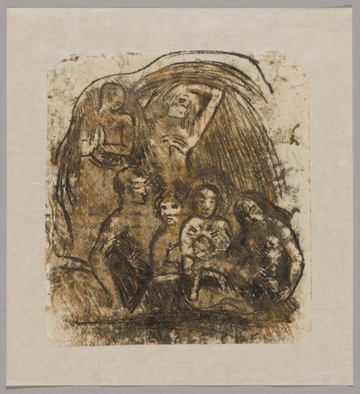 Födelsekyrkan (mor och barn omgiven av fem figurer) av Paul Gauguin