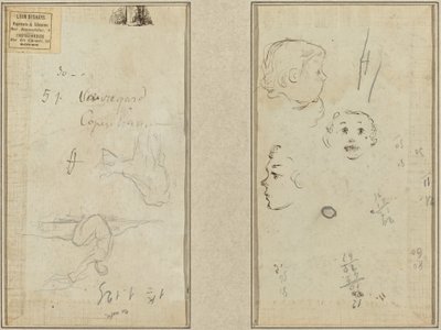Sittande figur och en ko; Tre studier av ett barns huvud av Paul Gauguin