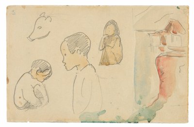 Skisser av hukande och stående figurer, en gris och en koja vid Water