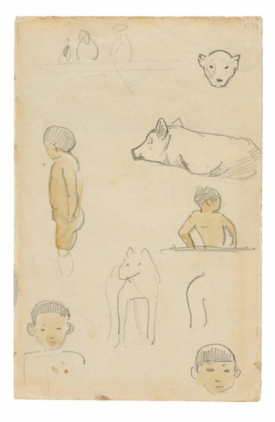 Skisser över stående figurer och djur av Paul Gauguin