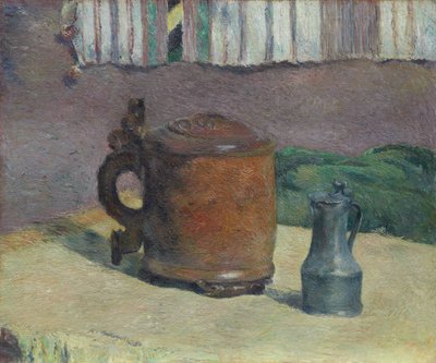 Stilleben: Wood Tankard och Metal Pitcher av Paul Gauguin