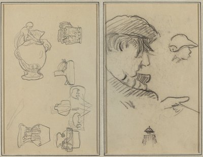 Studier av kannor och vaser; En man med mustasch och en pojke med hatt [recto] av Paul Gauguin