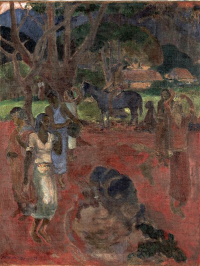 Tahitiskt landskap med nio figurer. av Paul Gauguin
