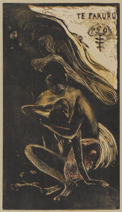 Te Faruru (Here We Make Love), vintern 1893-94 (träsnitt tryckt i svart, ljusbrunt, gult och rött på gräddfärgat vävpapper monterat på beige kartong) av Paul Gauguin