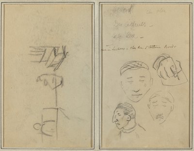 Två figurer och en bänk; Tre studier av mäns huvuden och en hand [recto] av Paul Gauguin