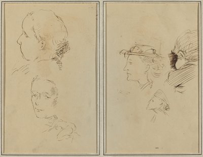 Två huvudstudier och en hukande naken kvinna; Två kvinnors huvuden och ett barns huvud [recto] av Paul Gauguin