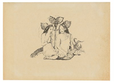 Två maorikvinnor som sitter på huk av Paul Gauguin