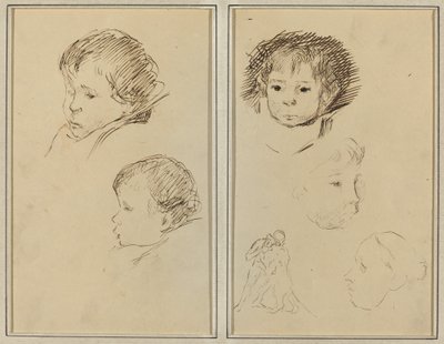 Två studier av ett barns huvud; Två studier av ett barns huvud, en kvinna i profil och en man som brottas med ett djur [recto] av Paul Gauguin