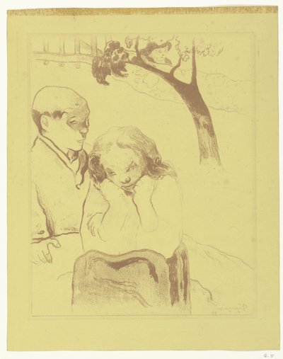 Ledsen kvinna sitter med en man Mänskligt lidande Miseres humaines av Paul Gauguin