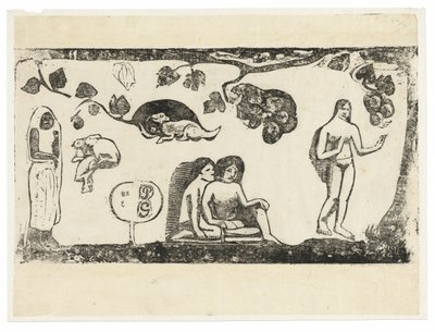 Kvinnor, djur och lövverk, från Suite of Late Wood-block Prints av Paul Gauguin
