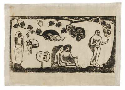 Kvinnor, djur och lövverk, från sviten med sena träblocksgrafiker av Paul Gauguin