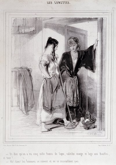 2 stackars kvinnor i samtal på trappan om män, "Les Lorettes", Gavarni, ca. 1840. av Paul Gavarni