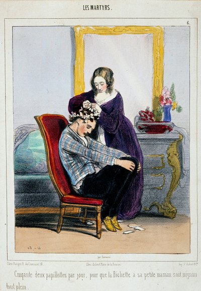En mamma sätter papiljotter på sin son. Tecknad av Paul Gavarni (1804-1866) 1800-talets Paris, dekorativ konst av Paul Gavarni