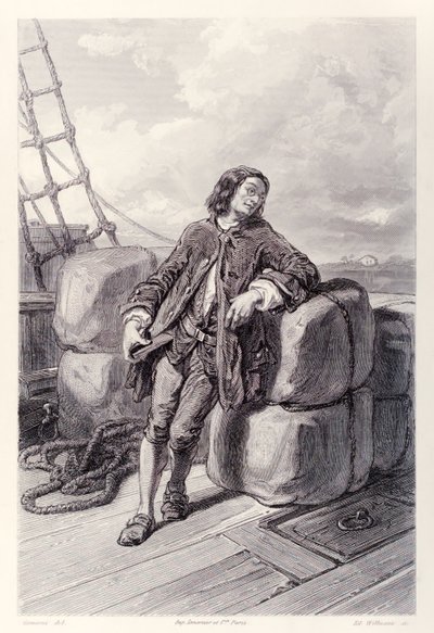 Kapten Lemuel Gulliver till sjöss på sitt handelsfartyg, från French Edition av Gullivers Travels av Jonathan Swift av Paul Gavarni