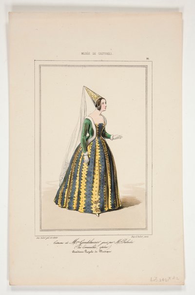 Kostym av Mme Gondelaurier, spelad av Mme Dabadier. av Paul Gavarni