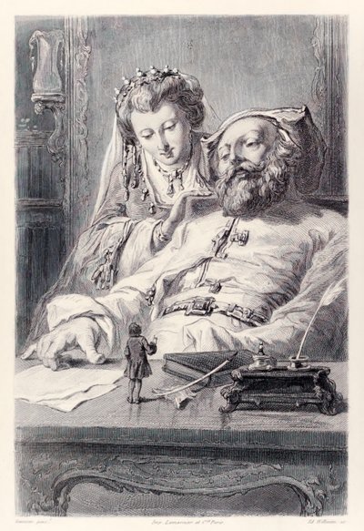 Frontispice från den franska utgåvan av Gullivers Travels av Jonathan SwiftJag svarade korrekt på Kings frågor Gulliver and the King and Queen of Brobdingnag. av Paul Gavarni