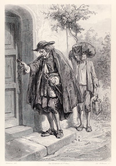 Gulliver kommer hem klockan tre på eftermiddagen och går in i huset, från French Edition av Gullivers Travels av Jonathan Swift av Paul Gavarni