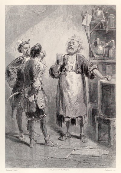 Gulliver går in i ett rum i den stora akademin i Lagado fylld med en motbjudande lukt, från den franska utgåvan av Gullivers Travels av Jonathan Swift av Paul Gavarni