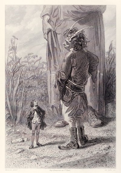 Gulliver möter Queens 30 fot långa dvärg som är glad över att ha någon i rätten som är mindre än honom att plåga, från den franska utgåvan av Gullivers Travels av Jonathan Swift av Paul Gavarni