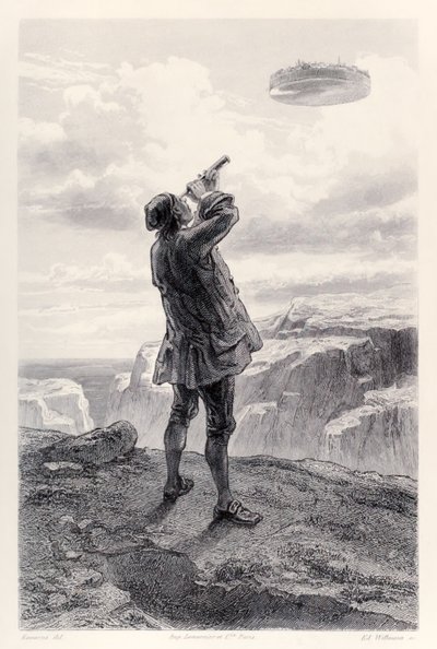 Gulliver ser den flygande ön Laputa för första gången och undersöker den genom sitt teleskop, från French Edition av Gullivers Travels av Jonathan Swift av Paul Gavarni