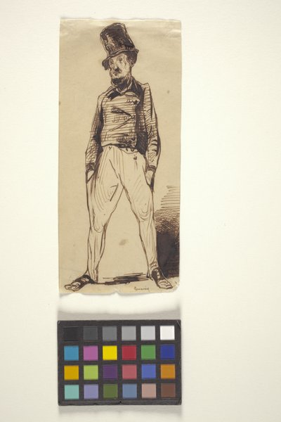 Man med händerna i fickorna (penna och bläck på benvitt papper) av Paul Gavarni